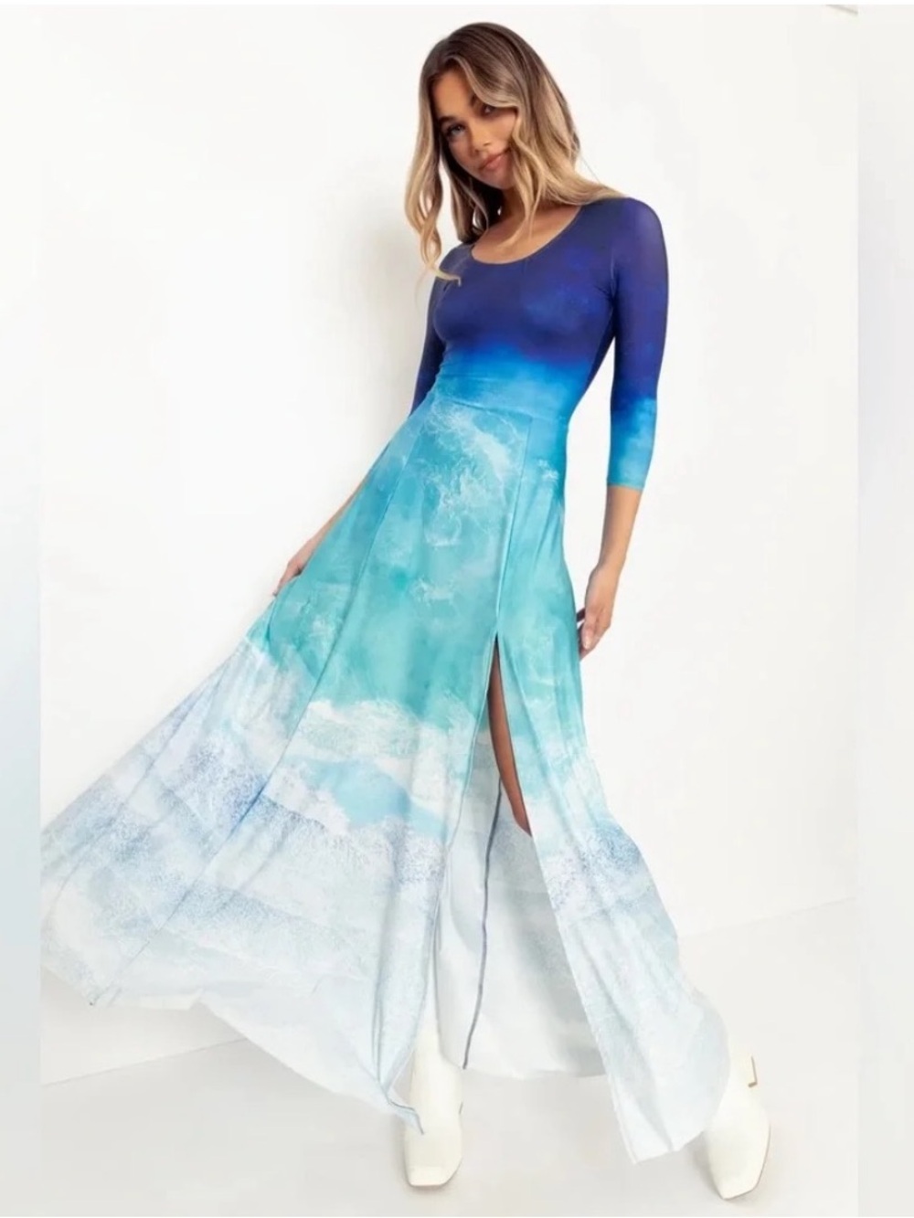 NWT Blackmilk Ocean Waves 3/4 Sleeve Split Maxi Dress Size XXL